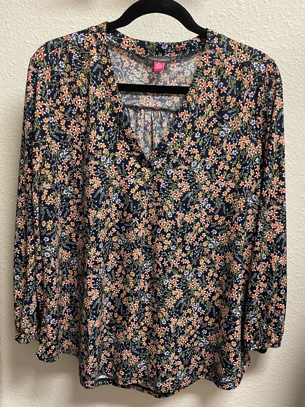 Vince Camuto Navy Floral V-Neck Blouse with Peach & Light Blue Blossoms